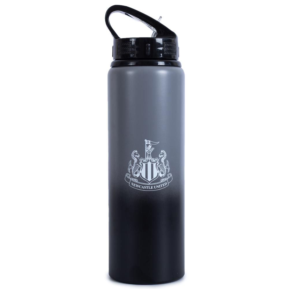 Newcastle United FC 750ml classic grey and black aluminium drinks bottle with a white and gold crest