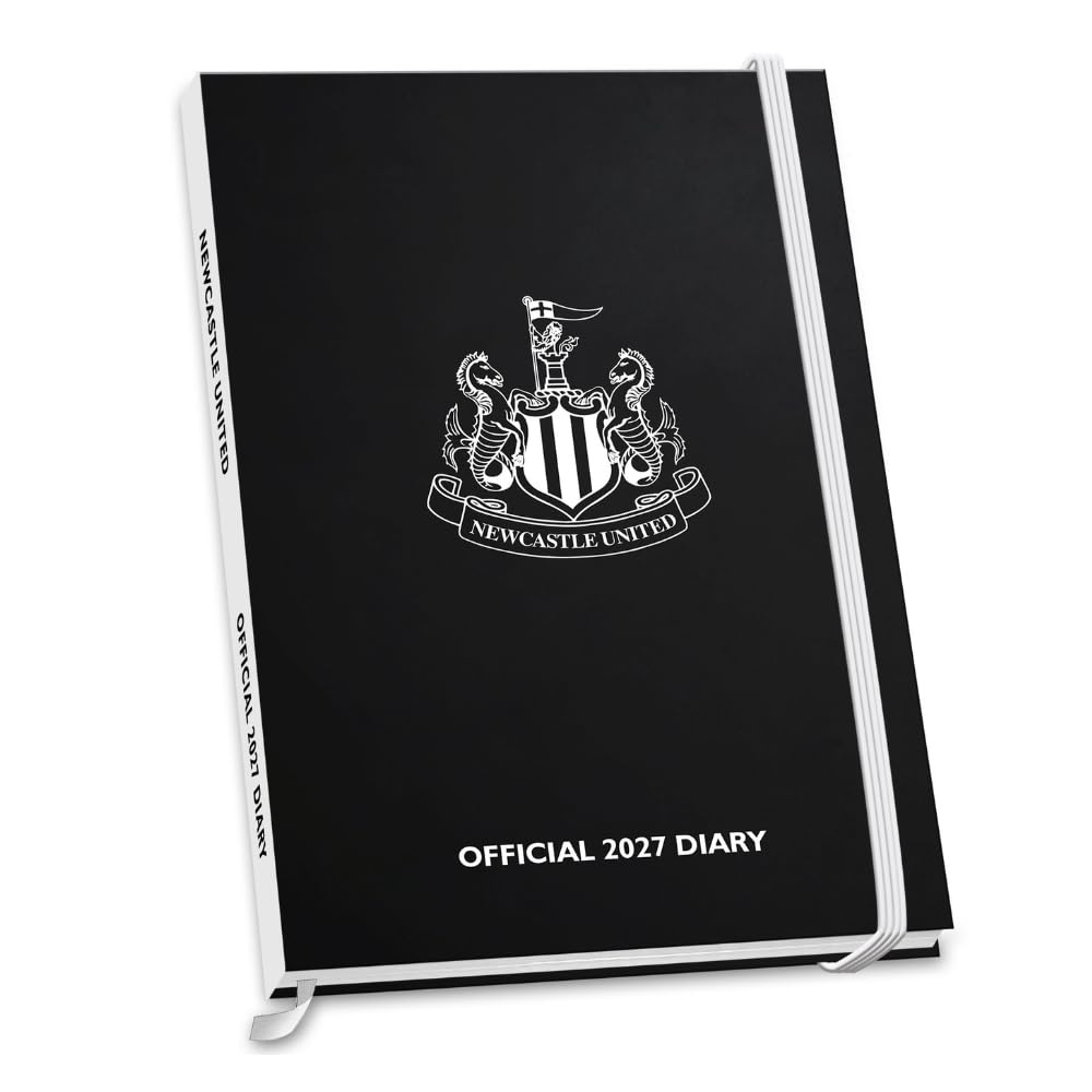 Newcastle United FC black hardback A5 2027 diary with a white Newcastle crest and an elastic closure