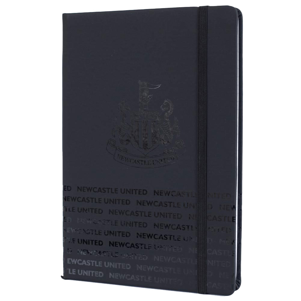 Newcastle United FC A5 notebook with a black faux leather cover, embossed NUFC crest and black elastic closure