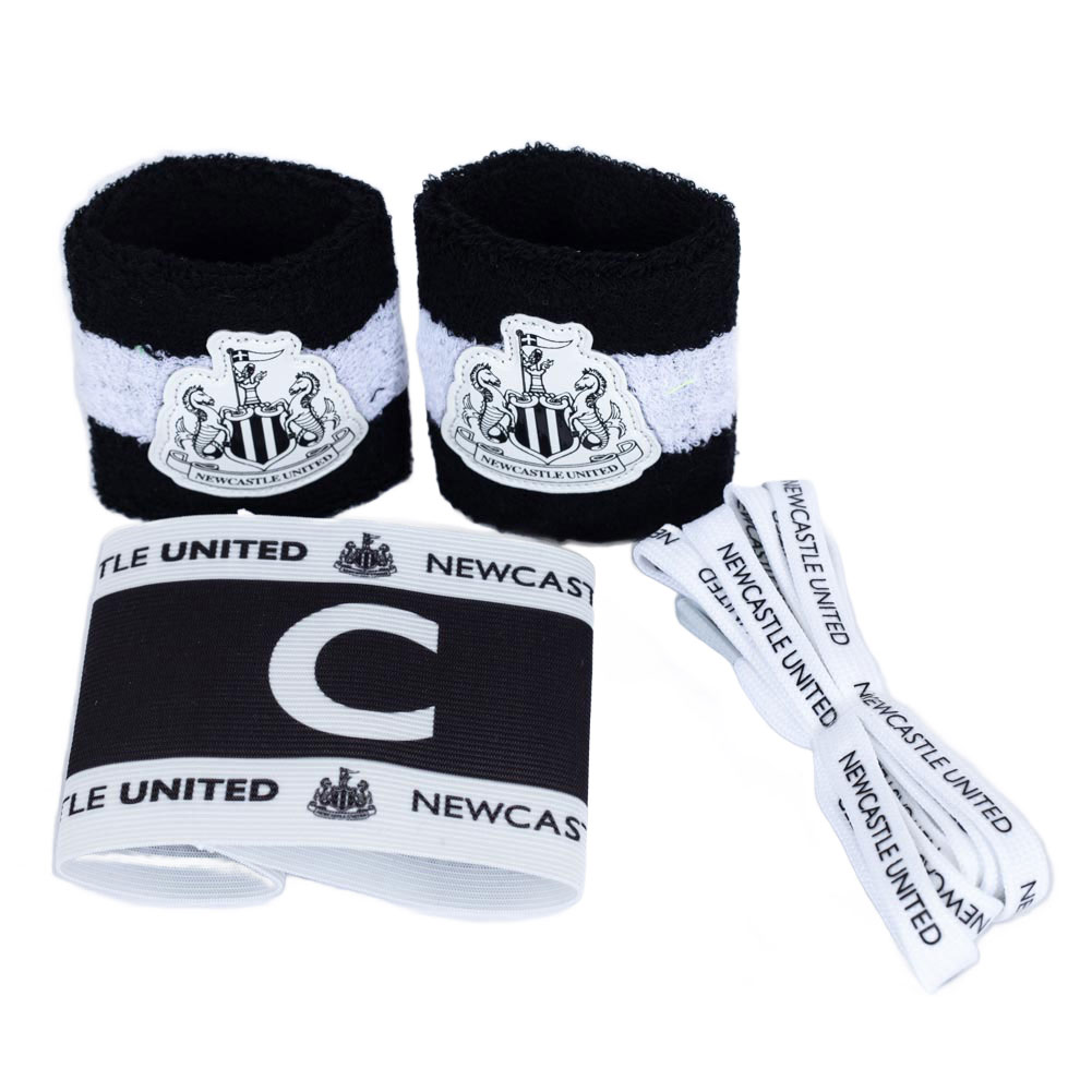 Newcastle United FC accessories set with black and white wristbands, captain's armband and boot laces