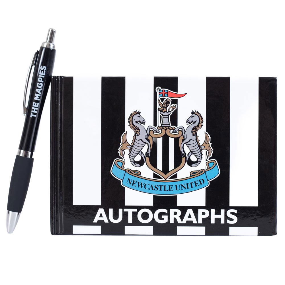 Newcastle United FC black and white striped autograph book with a full colour crest and a ballpoint pen