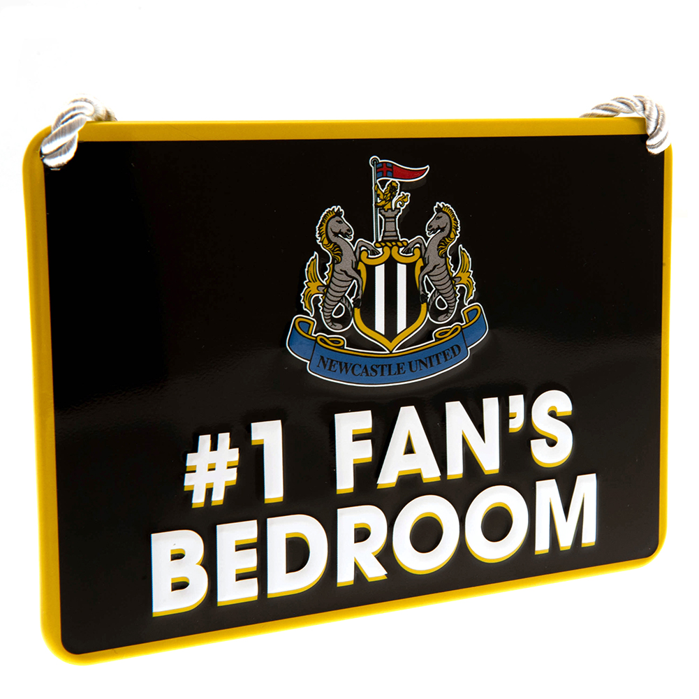 Newcastle United FC metal hanging bedroom sign with a large club crest and #1 Fan's Bedroom text