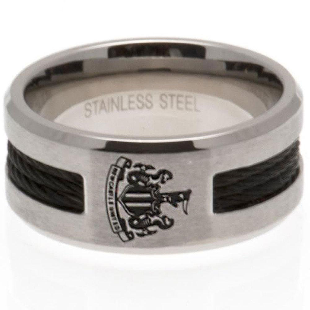 Newcastle United FC stainless steel ring with a black rope insert, brushed satin finish and engraved crest