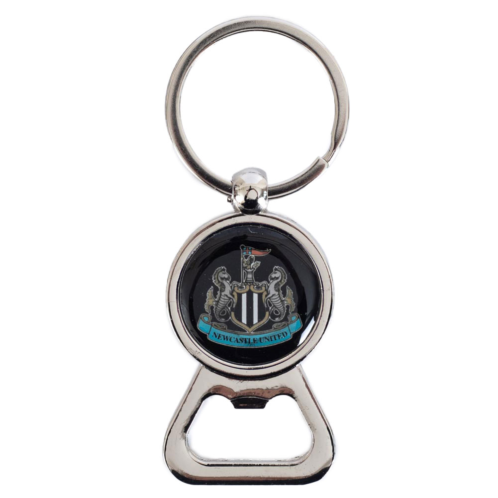 Newcastle United black bottle opener keyring with a silver alloy finish and a full colour NUFC crest