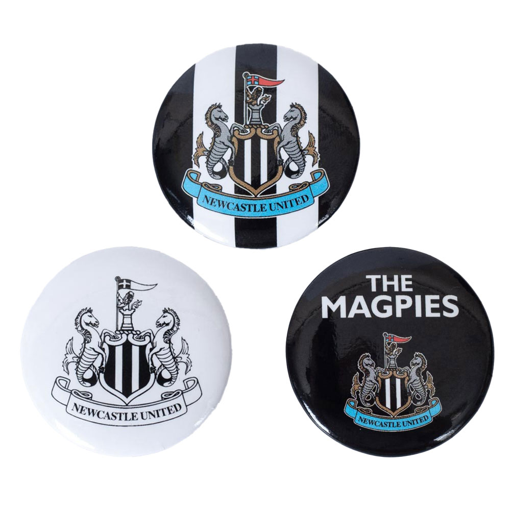 Set of three Newcastle United FC round button badges on a backing card