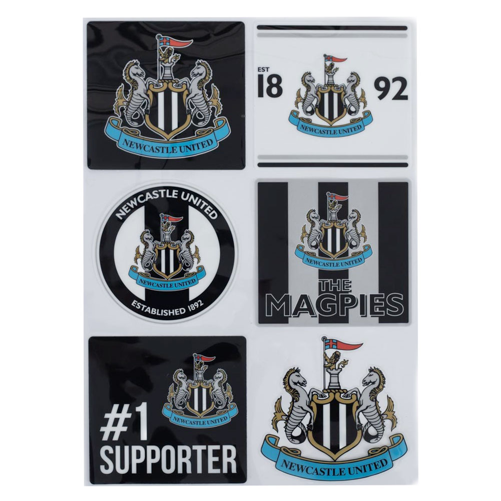Newcastle United FC set of six assorted vinyl self adhesive decals on an A4 sheet