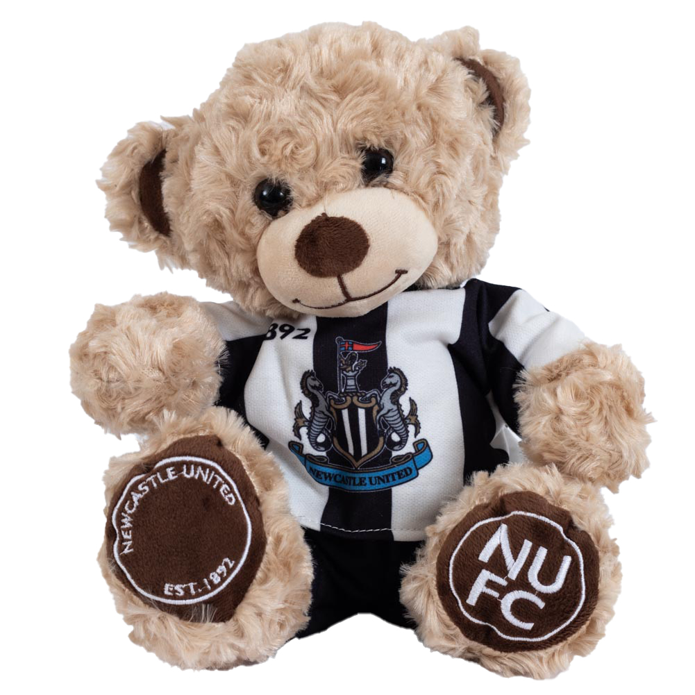 Newcastle United FC Charlie Bear teddy with a friendly smile in a classic home kit with white text on the paws