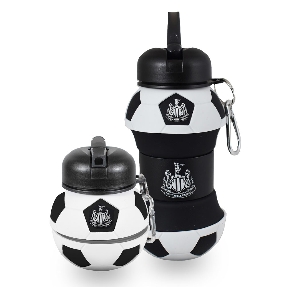 Newcastle United FC collapsible football shaped drinks bottle with a white Newcastle crest and a carabiner clip