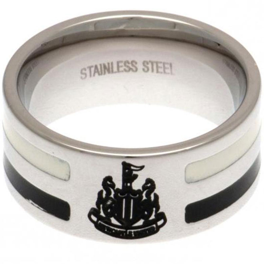 Newcastle United FC stainless steel ring with black and white colour inserts and engraved Newcastle crest