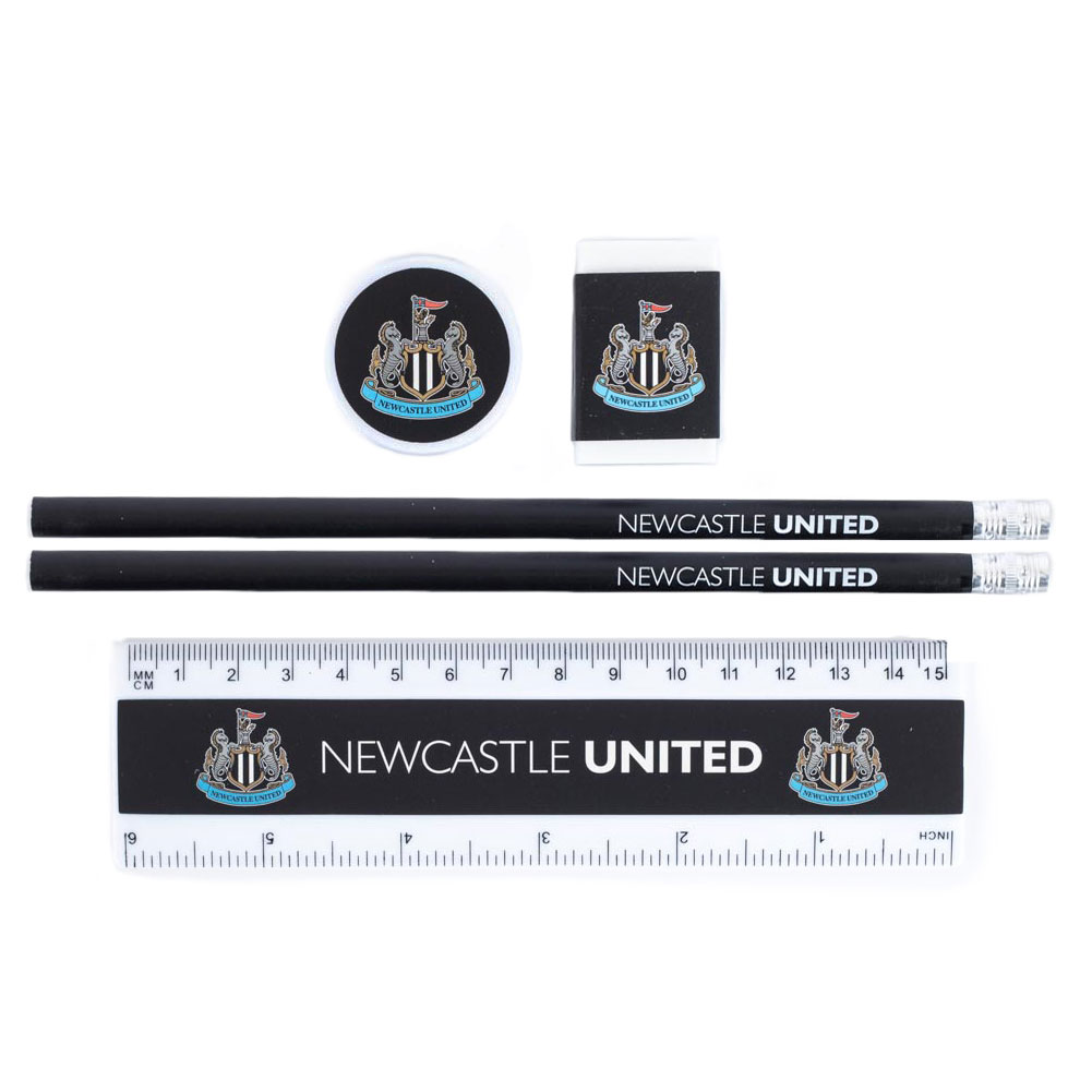 Newcastle United FC core five piece stationery set with two pencils, a rubber, a sharpener and a 15cm ruler
