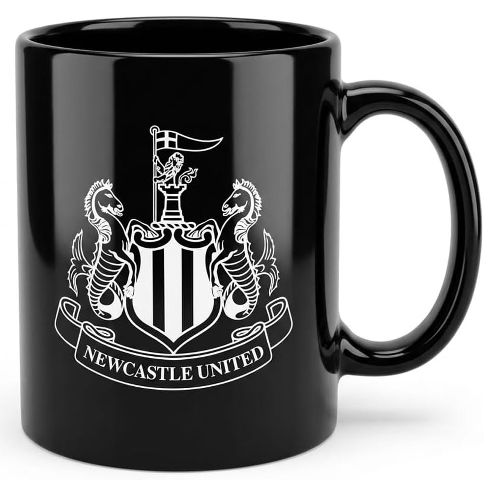 Newcastle United FC black ceramic mug featuring a white Newcastle crest and a black handle