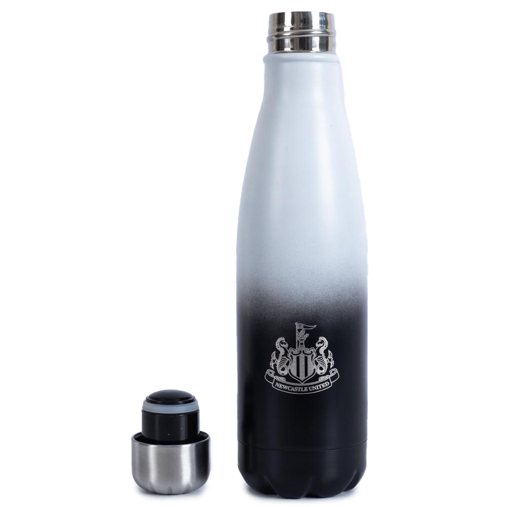 Newcastle United FC stainless steel thermal flask in a black and white fade with a silver crest