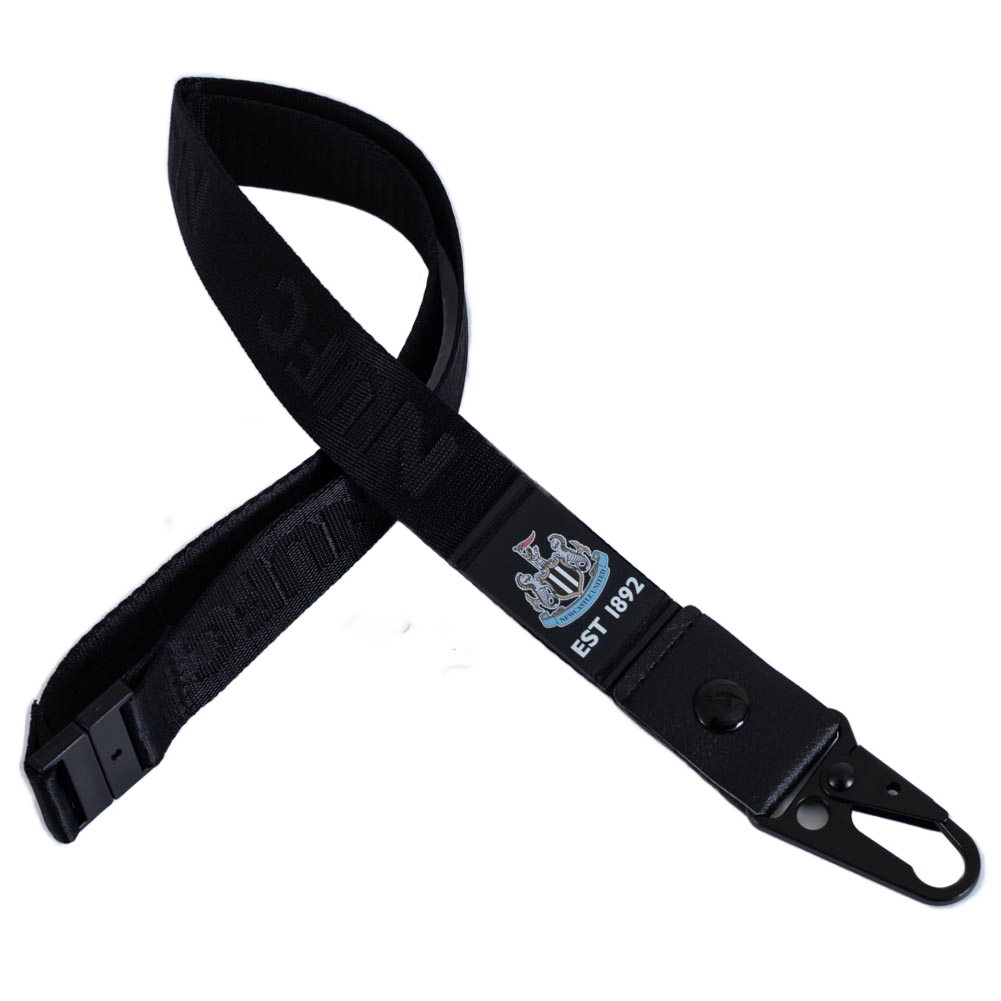 Newcastle United FC black nylon lanyard with woven NUFC text, rubber club crest tag and metal snap hook