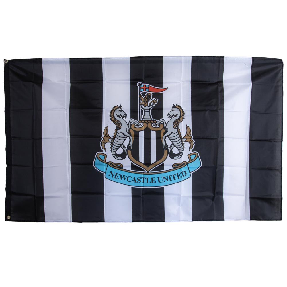 Newcastle United FC black and white striped supporters flag with a central full colour club crest
