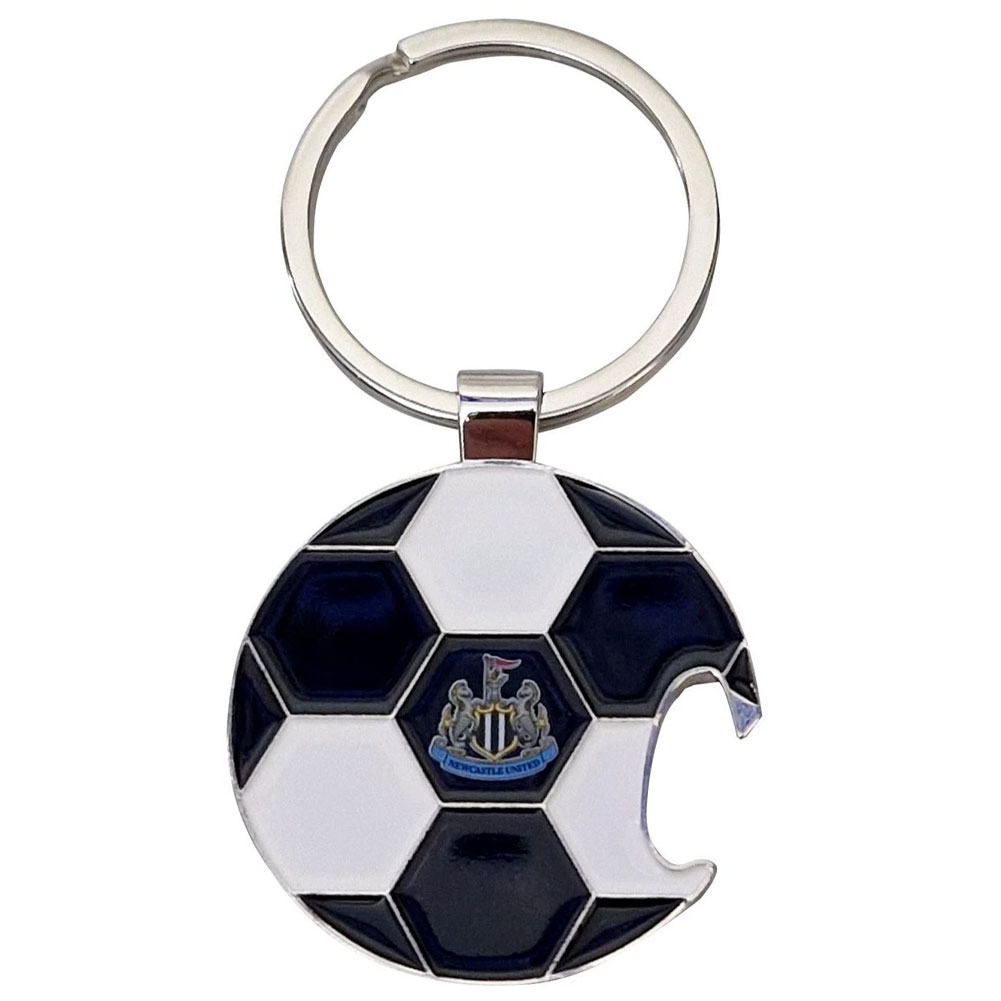 Newcastle United FC football shaped metal bottle opener keyring with a central full colour NUFC crest