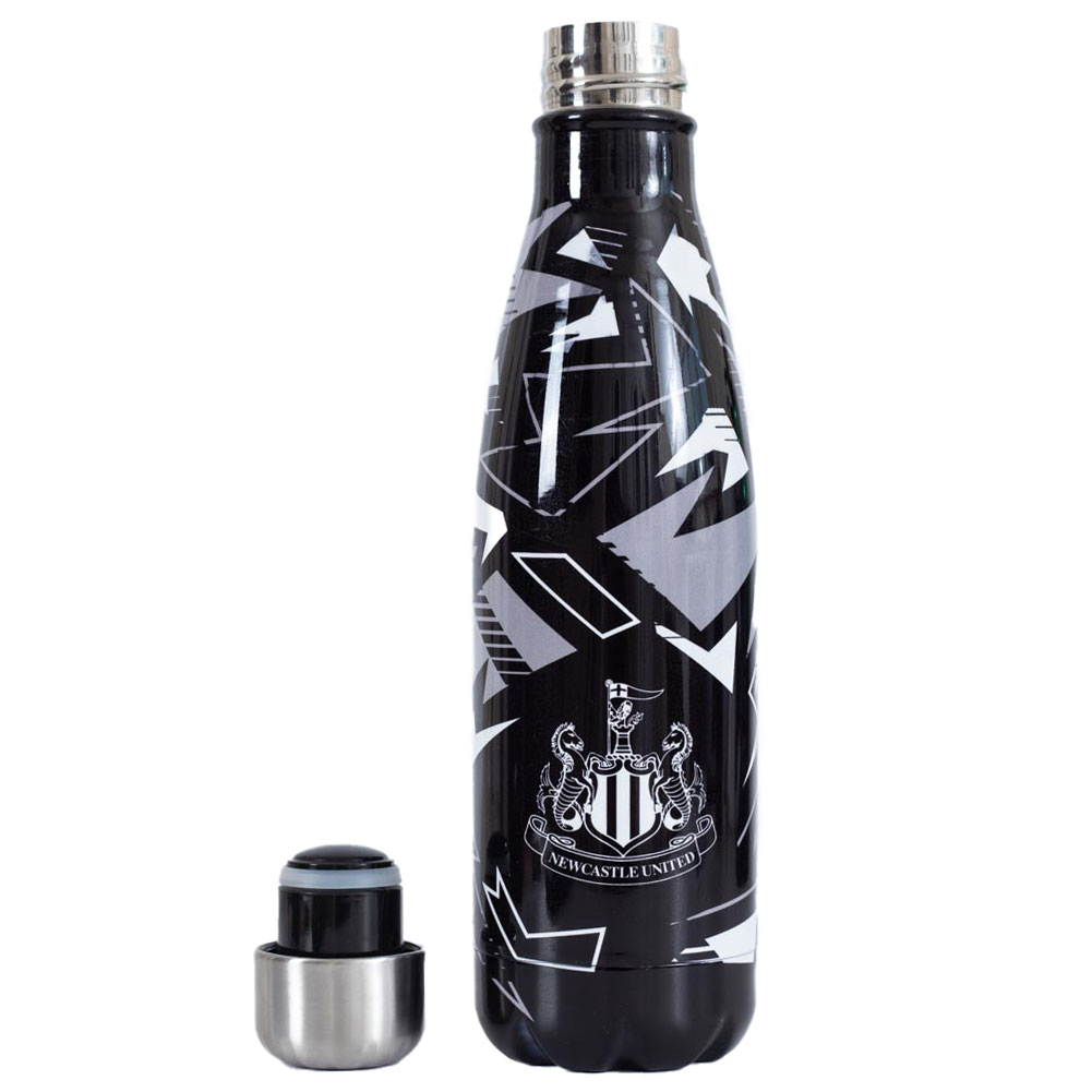 Black and white Newcastle United FC thermal flask with a fragment pattern and the Newcastle crest