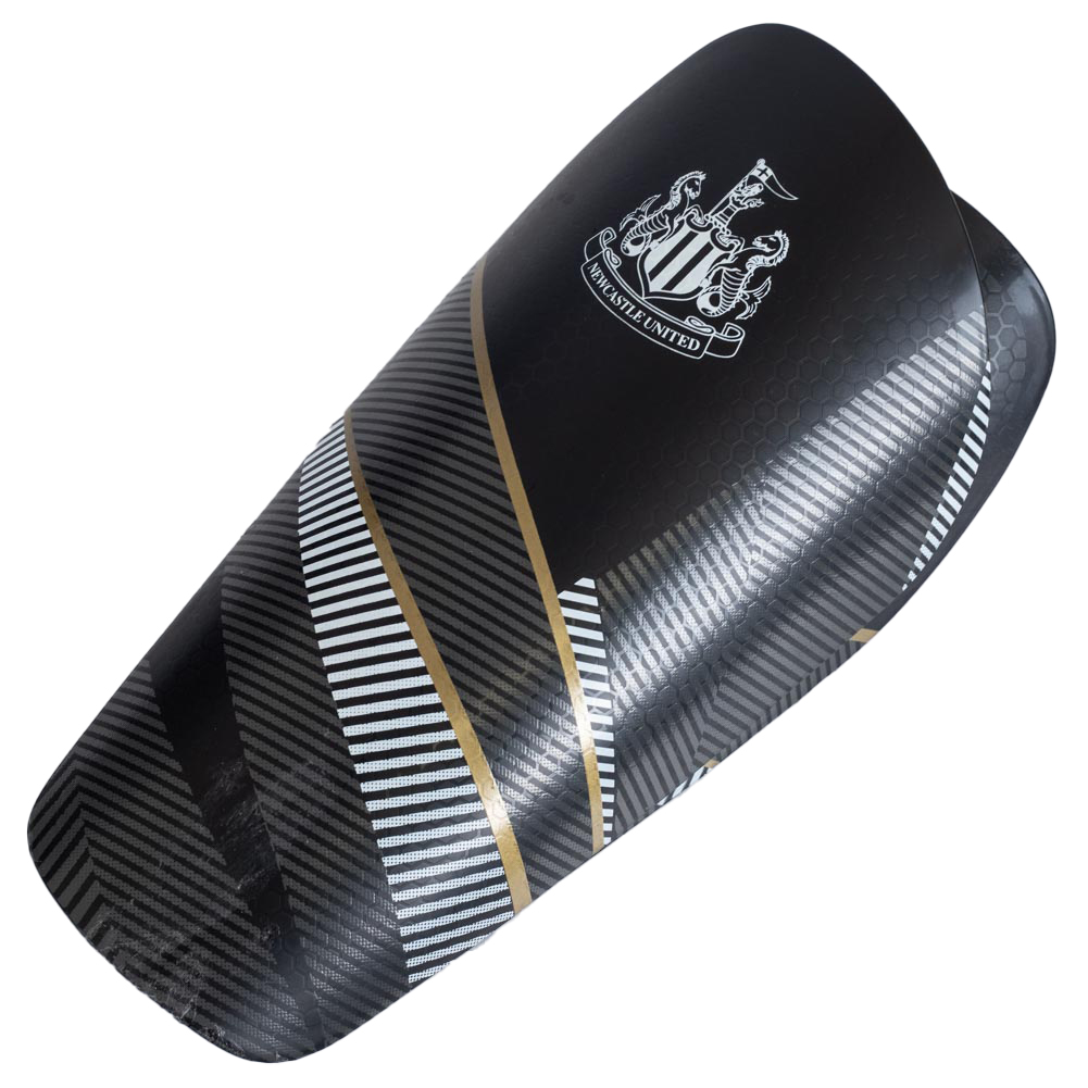 Black Newcastle United FC Fuse youth slip-in shin guards with a white Newcastle crest