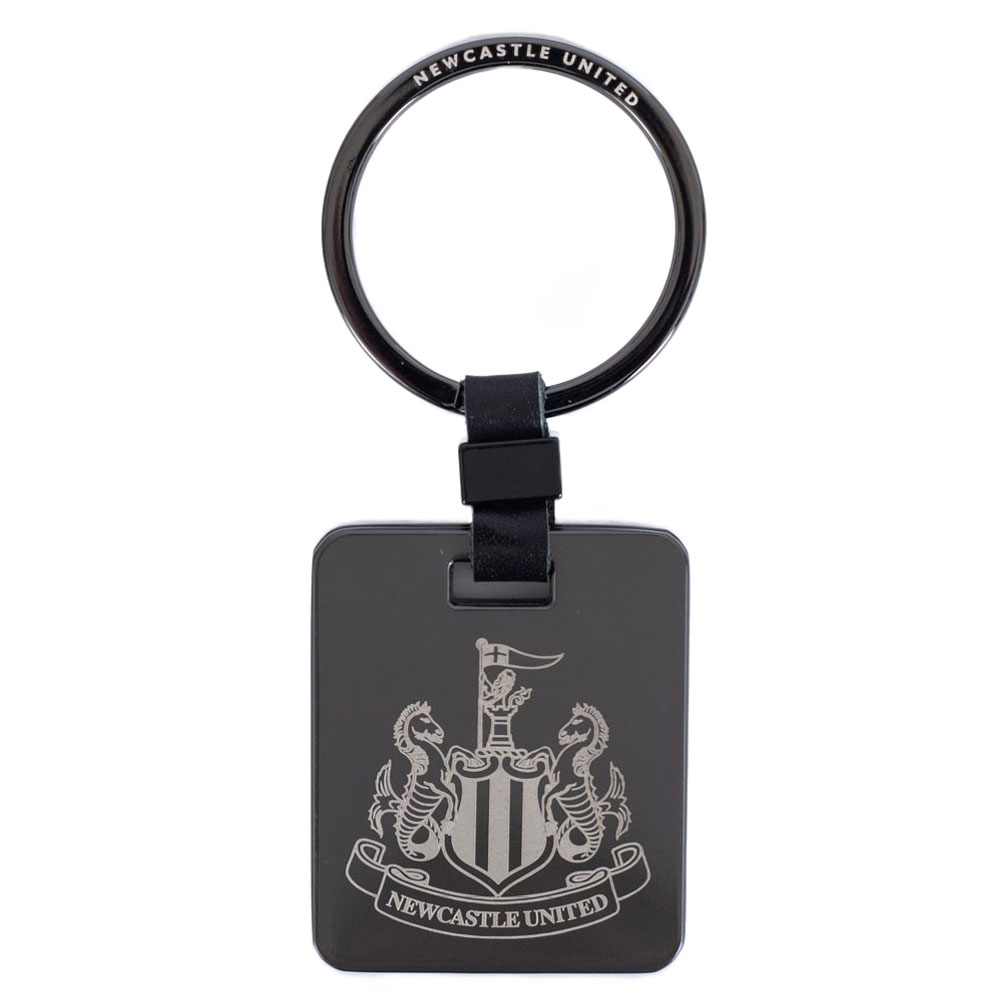 Newcastle United FC brushed gunmetal keyring with a black leather link and a grey NUFC crest