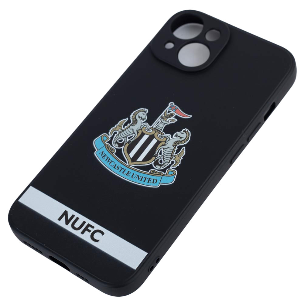 Newcastle United FC black crest design iPhone 14 silicone case with a full colour NUFC crest and text