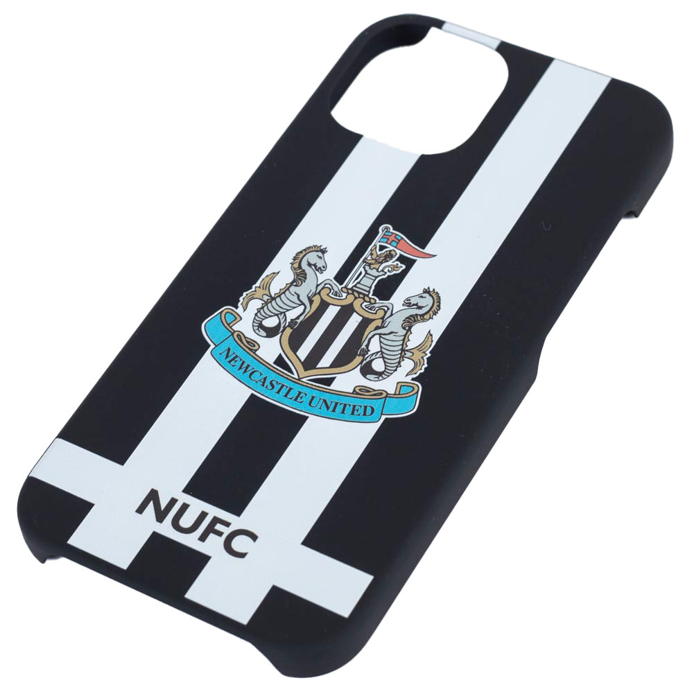 Newcastle United FC black and white striped iPhone 15 hard case with a full colour NUFC crest and text