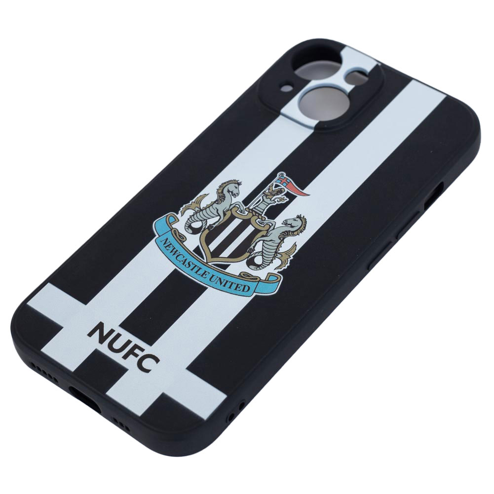 Newcastle United FC black and white striped silicone iPhone 15 case with a full colour NUFC crest and text