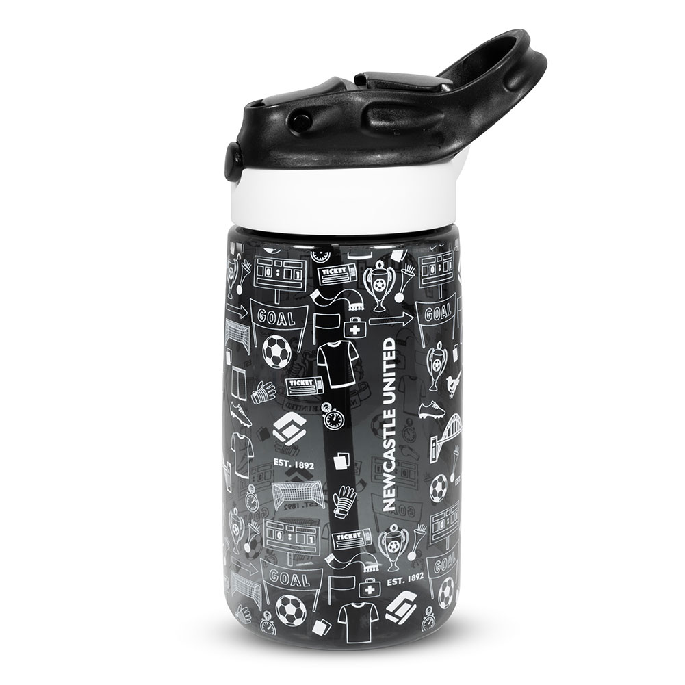 Black Newcastle United FC kids water bottle with a white Newcastle crest and fun icon design