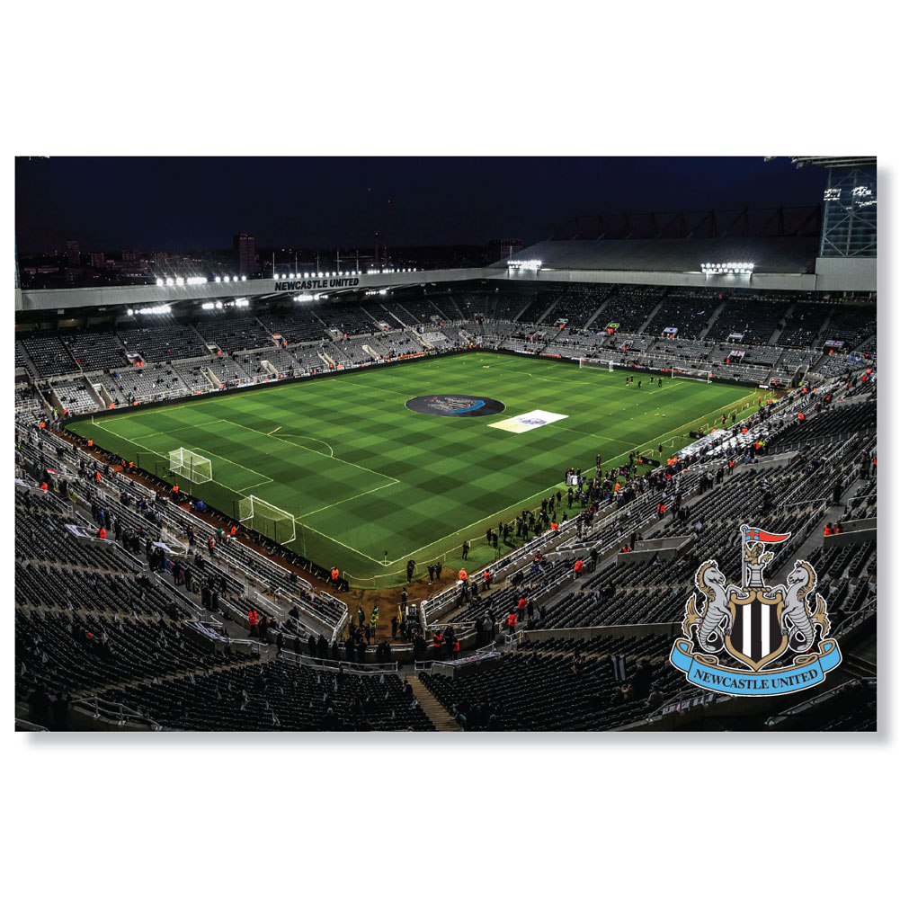 Newcastle United FC landscape LED sign with a picture of St. James' Park Stadium in a brushed aluminium frame