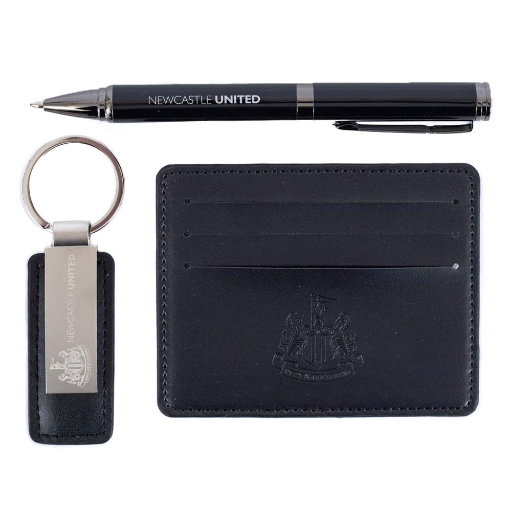 Newcastle United FC gift set with a leather key fob, ballpoint pen and faux leather card holder