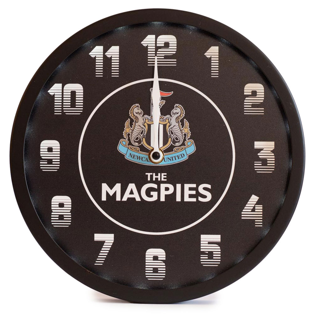 Newcastle United FC metal bedroom wall clock with LED lights, Magpies design and club crest