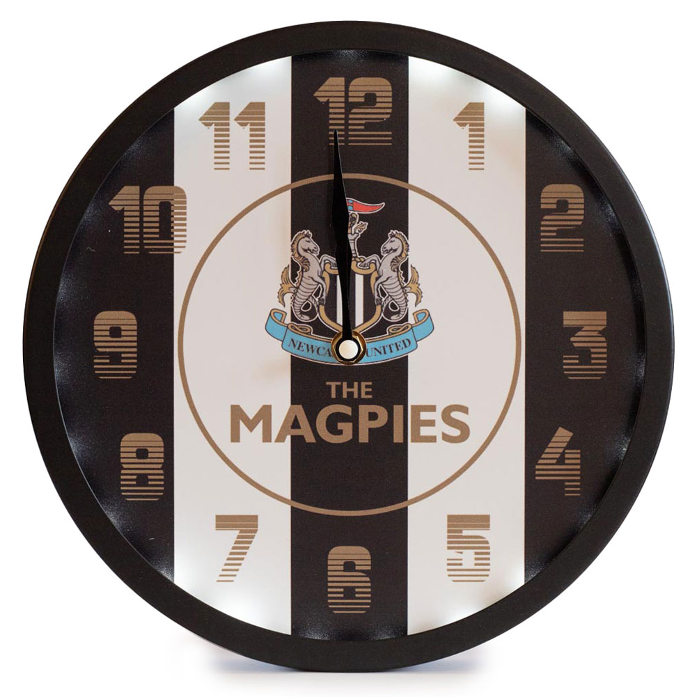 Newcastle United FC metal bedroom wall clock with a stripe design, club crest and LED lights