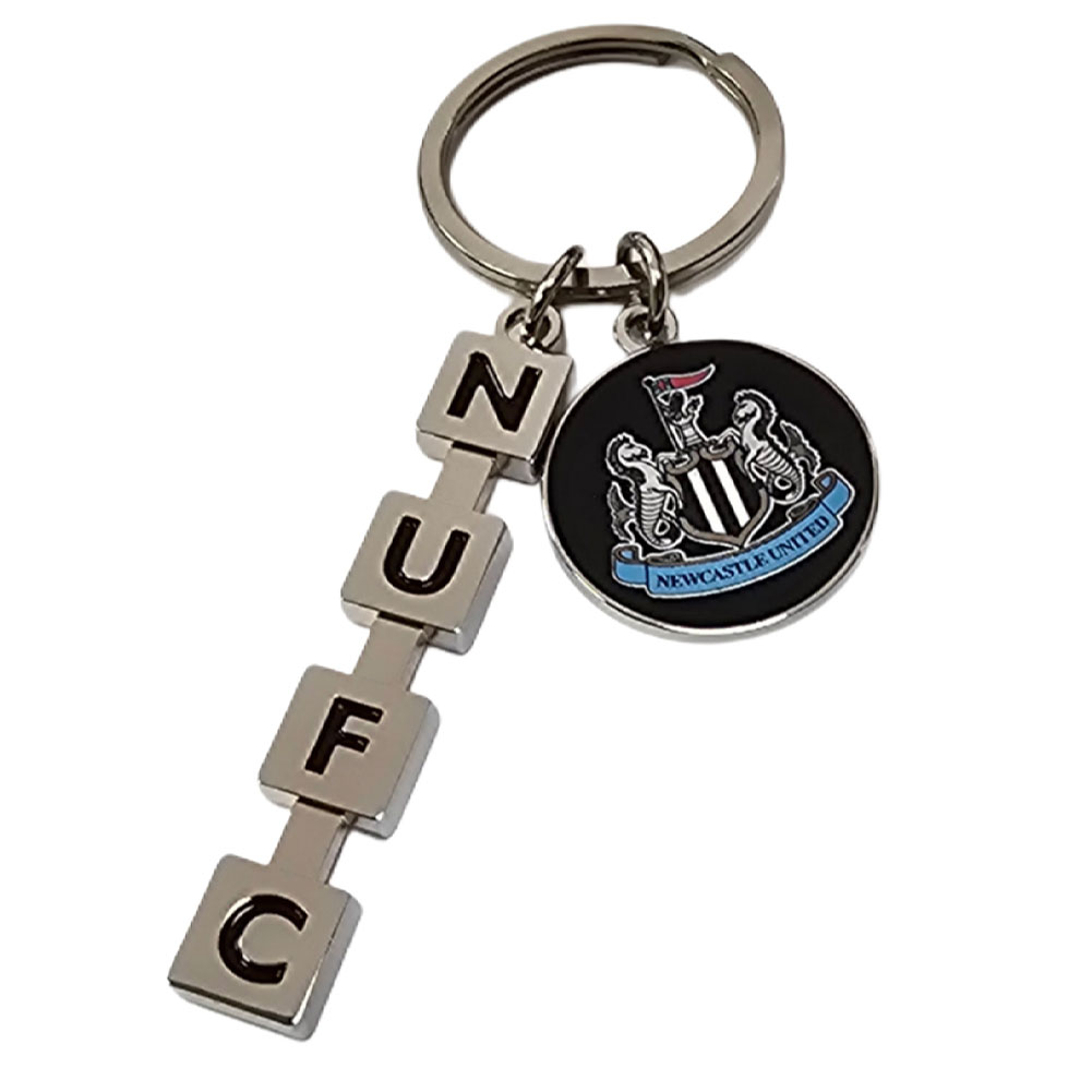 Newcastle United FC silver style charm keyring with NUFC lettering and a crest charm