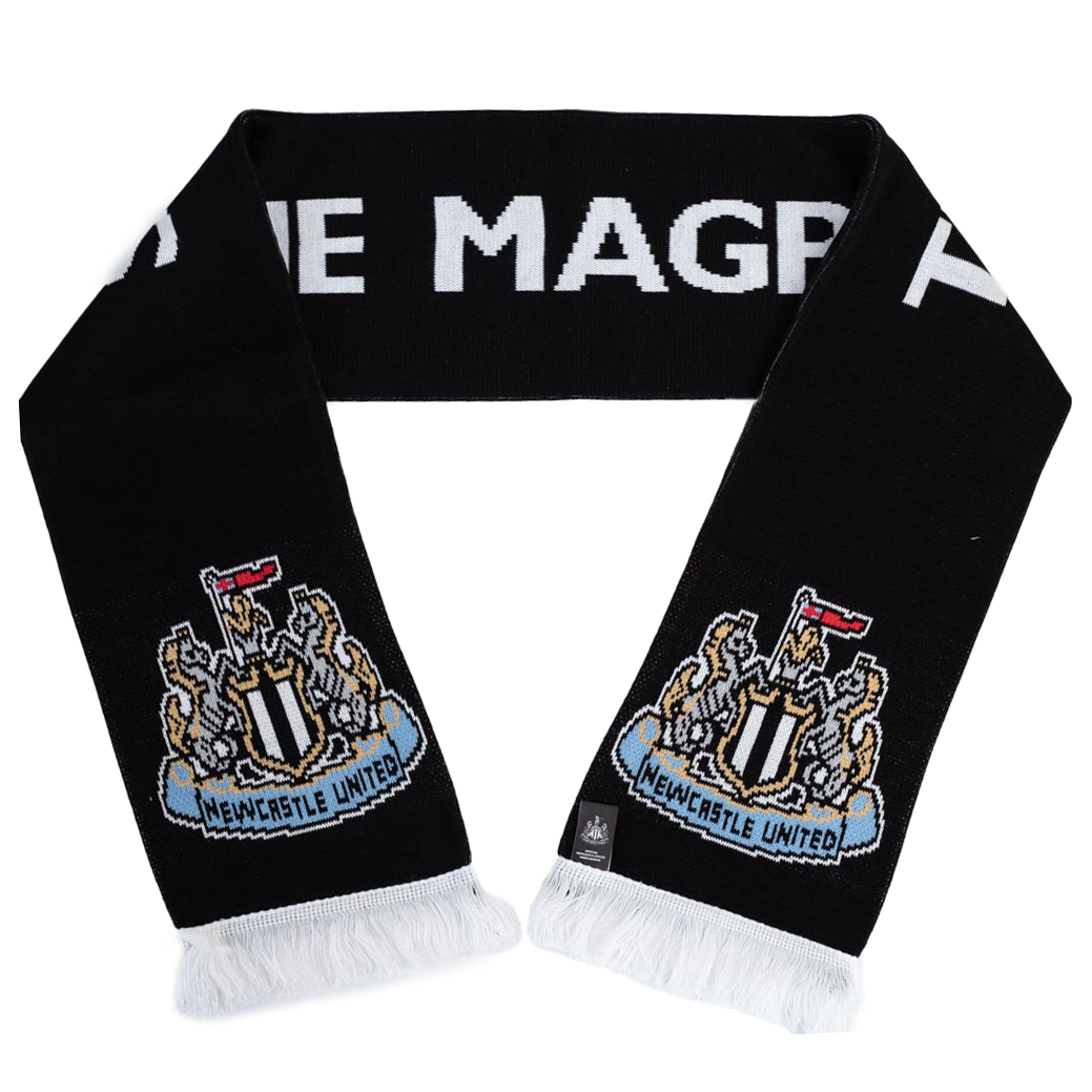 Newcastle United FC black reversible jacquard knit Magpies scarf with white fringe, text and club crest