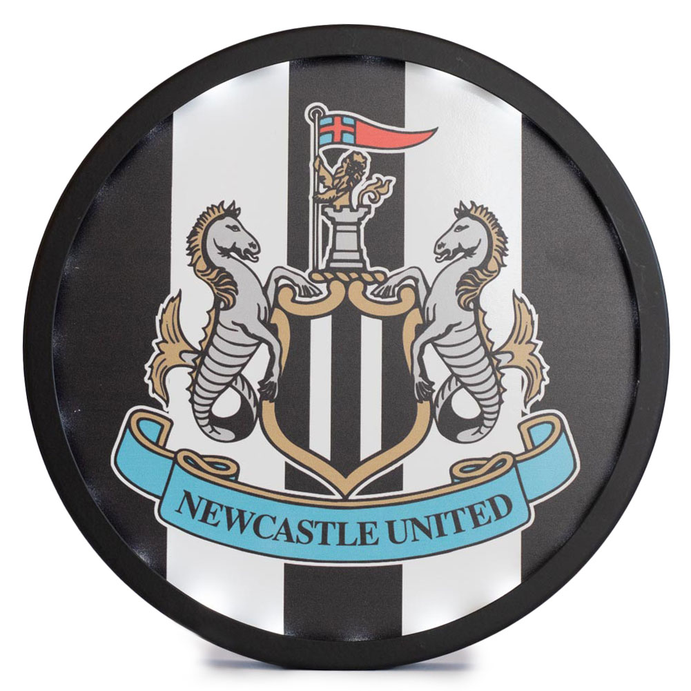 Newcastle United FC metal LED logo sign with white lights, a black and white background and the crest