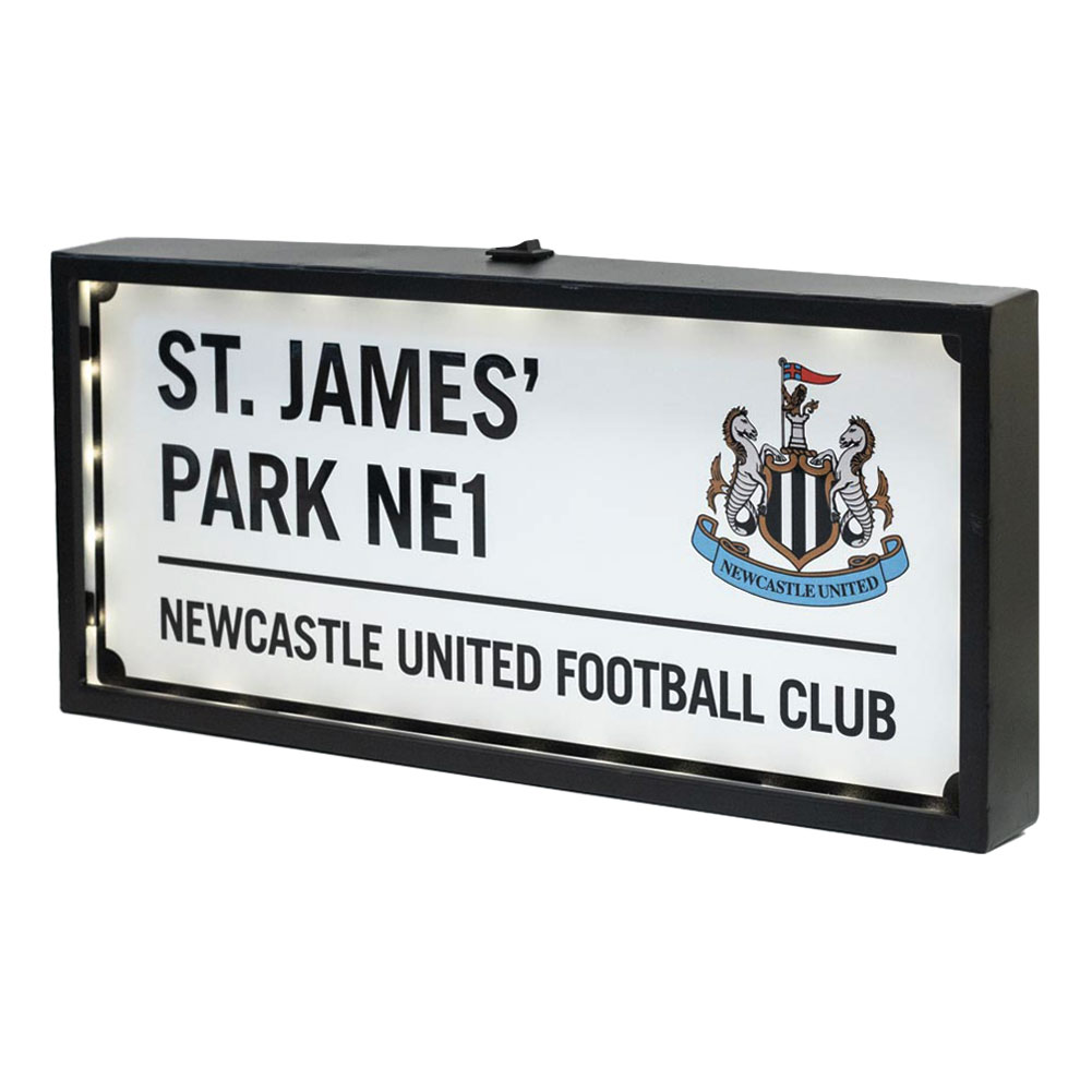 Newcastle United FC metal LED sign in a street sign design with the Newcastle crest and white lights