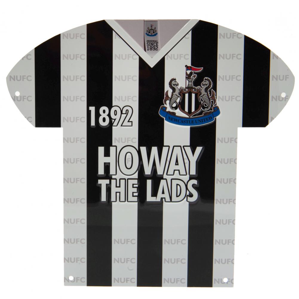 Newcastle United FC shirt style stamped metal wall sign showing a classic home shirt with Howay The Lads text