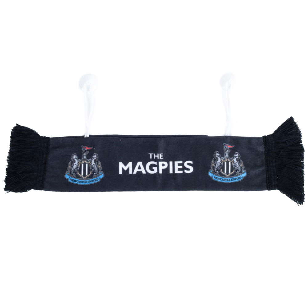 Newcastle United mini cloth car scarf with two club crests, The Magpies text and black tassels