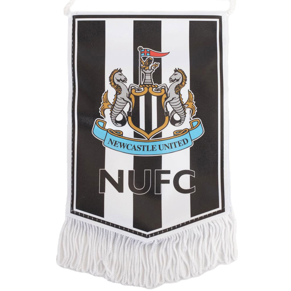 Newcastle United satin look mini pennant with a full colour NUFC crest on black and white stripes