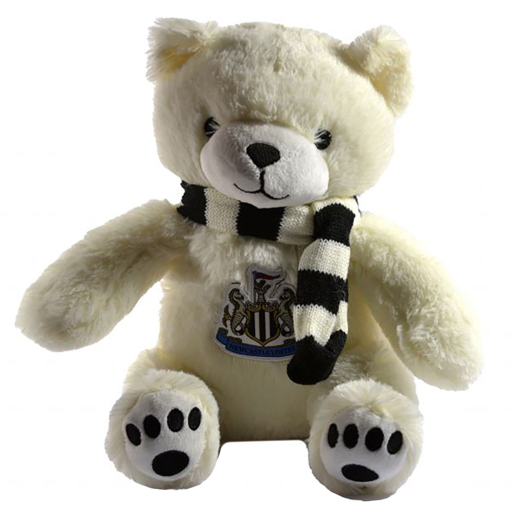 Newcastle United FC super soft white teddy bear wearing a black and white bar scarf with a woven crest