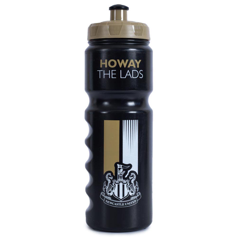Black stripe Newcastle United FC plastic drinks bottle with a white Newcastle crest and Howay the Lads text