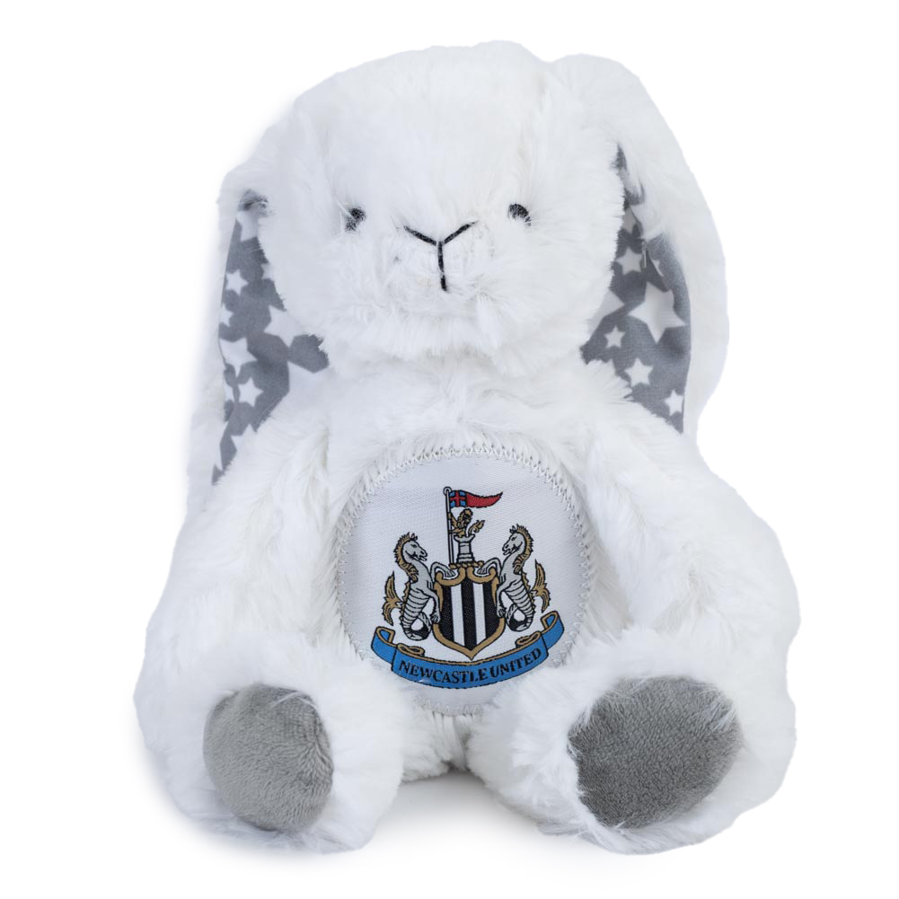White Newcastle United FC plush rabbit with a large woven NUFC crest on the tummy and star print ears