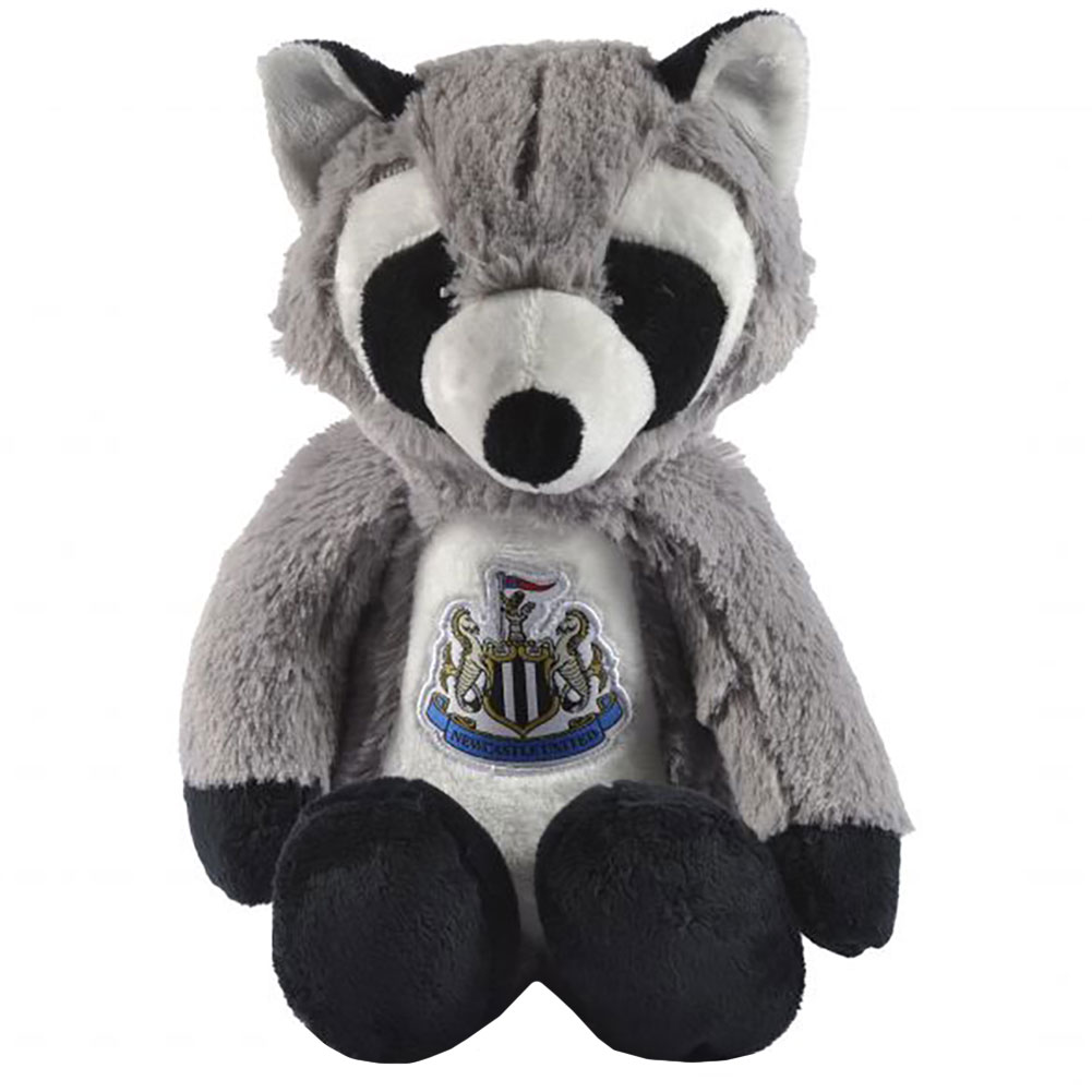 Newcastle United FC plush racoon from the Newcastle Zoo Crew with a woven Newcastle crest