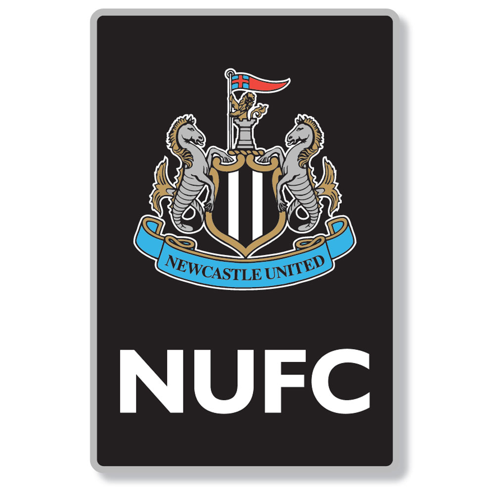 Newcastle United FC portrait LED sign with a large Newcastle crest and NUFC text in a brushed aluminium frame