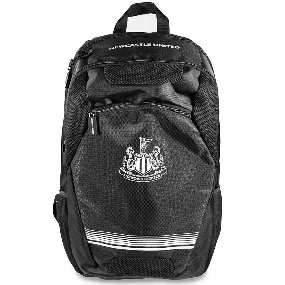 Black Newcastle United FC backpack featuring a white Newcastle crest on the front