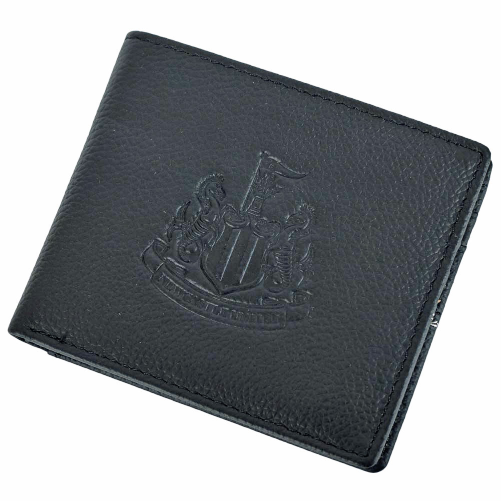 Black Newcastle United FC leather wallet with an embossed NUFC crest on the front