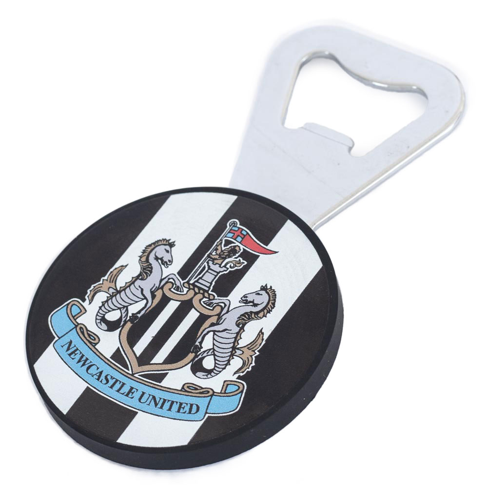 Newcastle United rubber handled magnetic bottle opener with a full colour crest on a stripe background