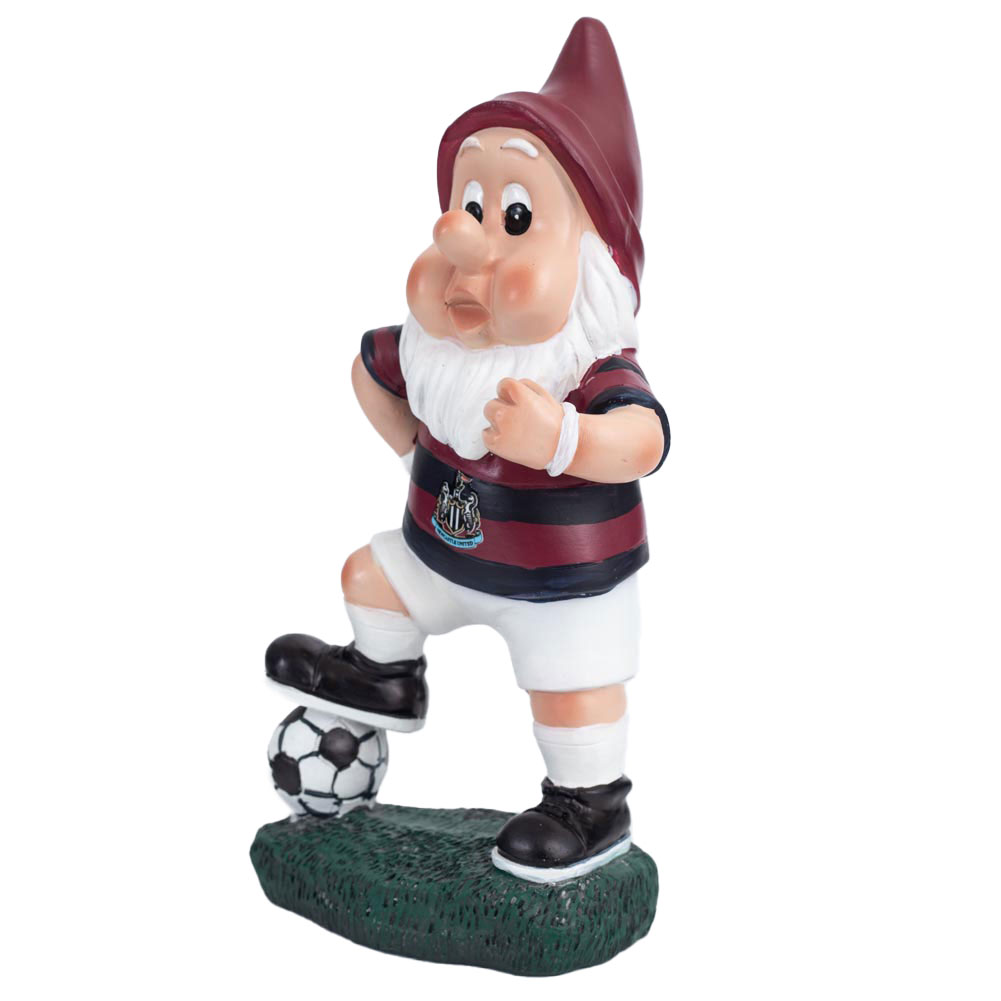 Newcastle United FC resin garden gnome wearing a 1996 retro kit with a foot on the ball