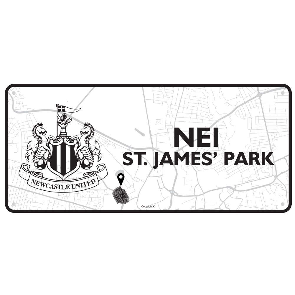 Newcastle United FC gloss metal sign showing a street map view on the route to St. James' Park Stadium