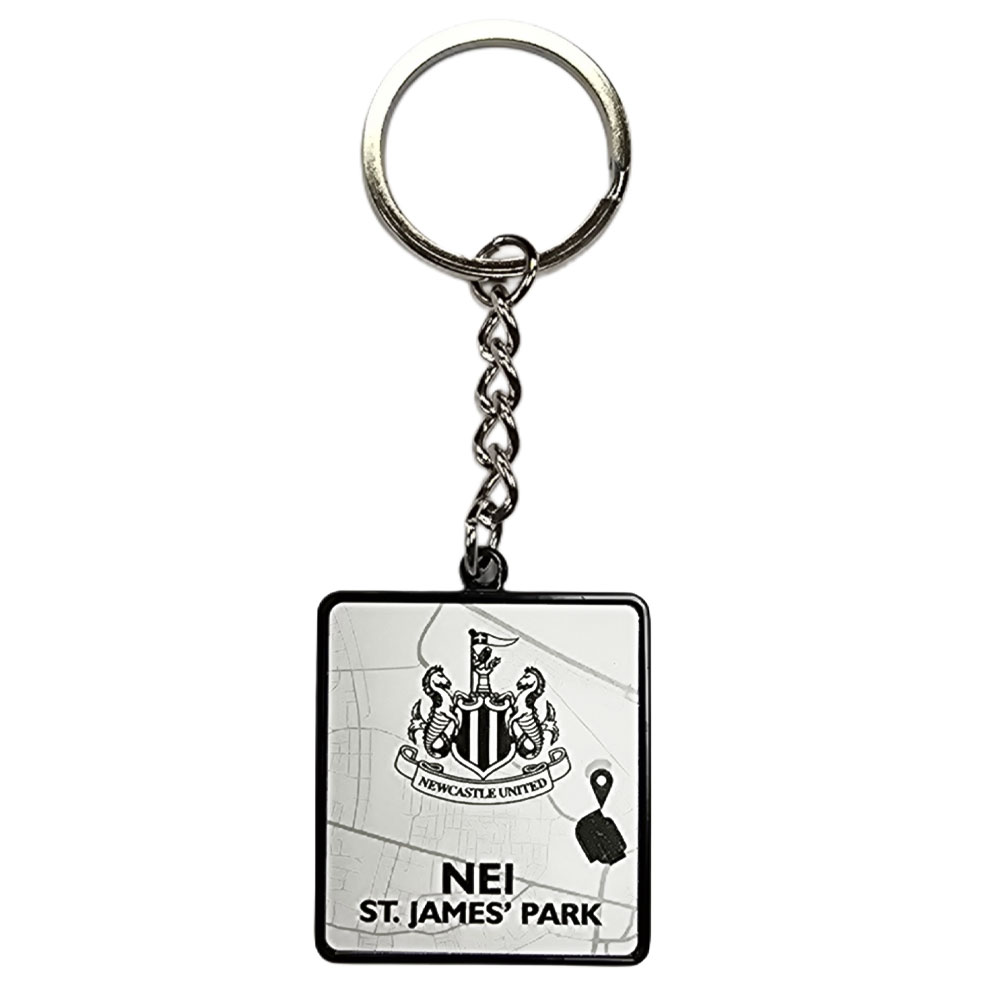 Newcastle United FC square black style metal keyring with a street map of the route to St. James' Park