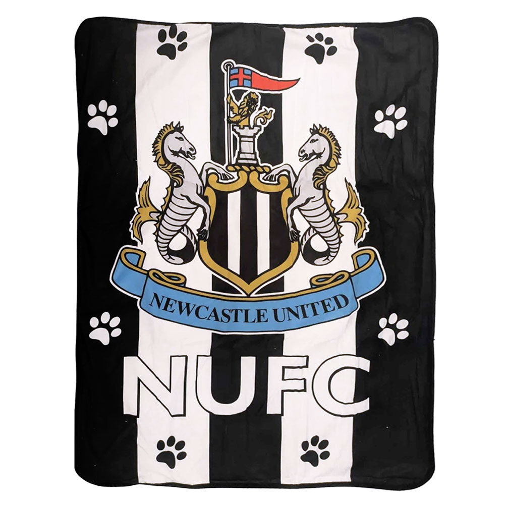 Newcastle United FC black and white stripe sherpa pet blanket with a full colour NUFC crest and paw prints