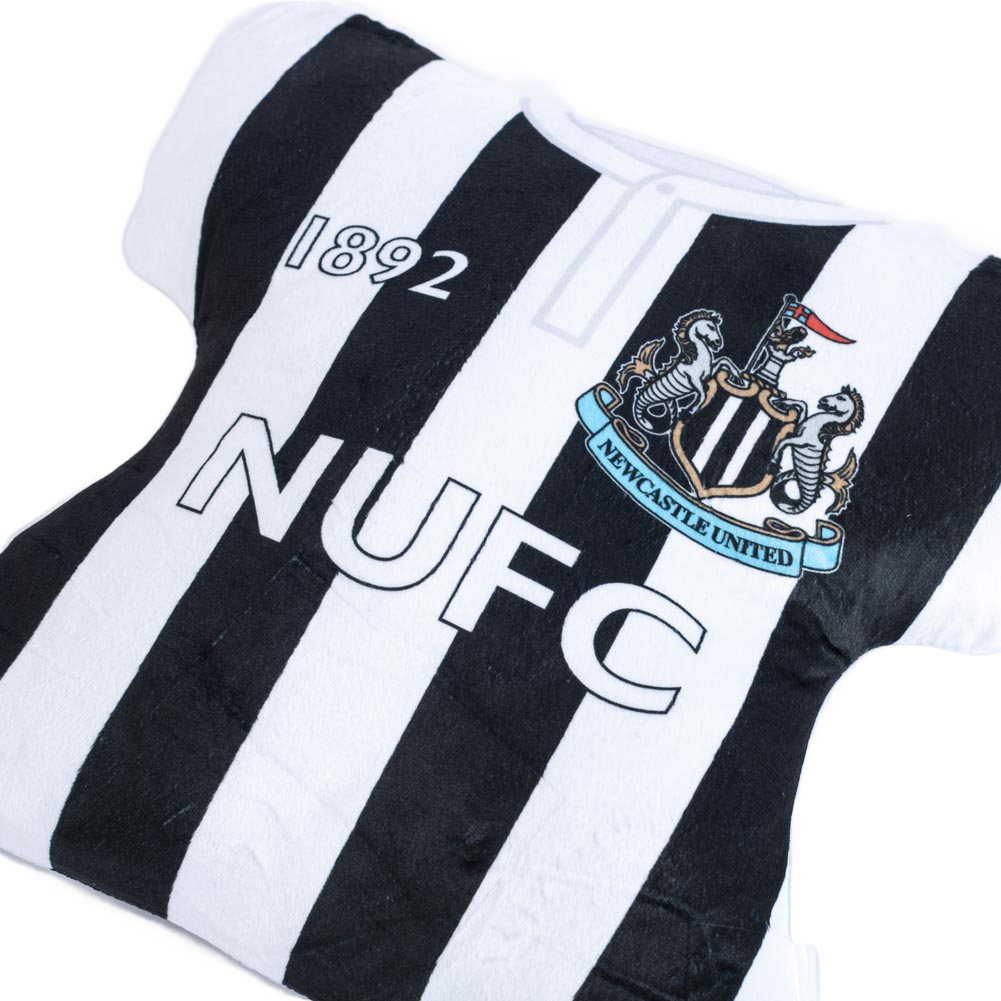 Black and white Newcastle United FC shirt shaped cushion inspired by the 1996 retro kit